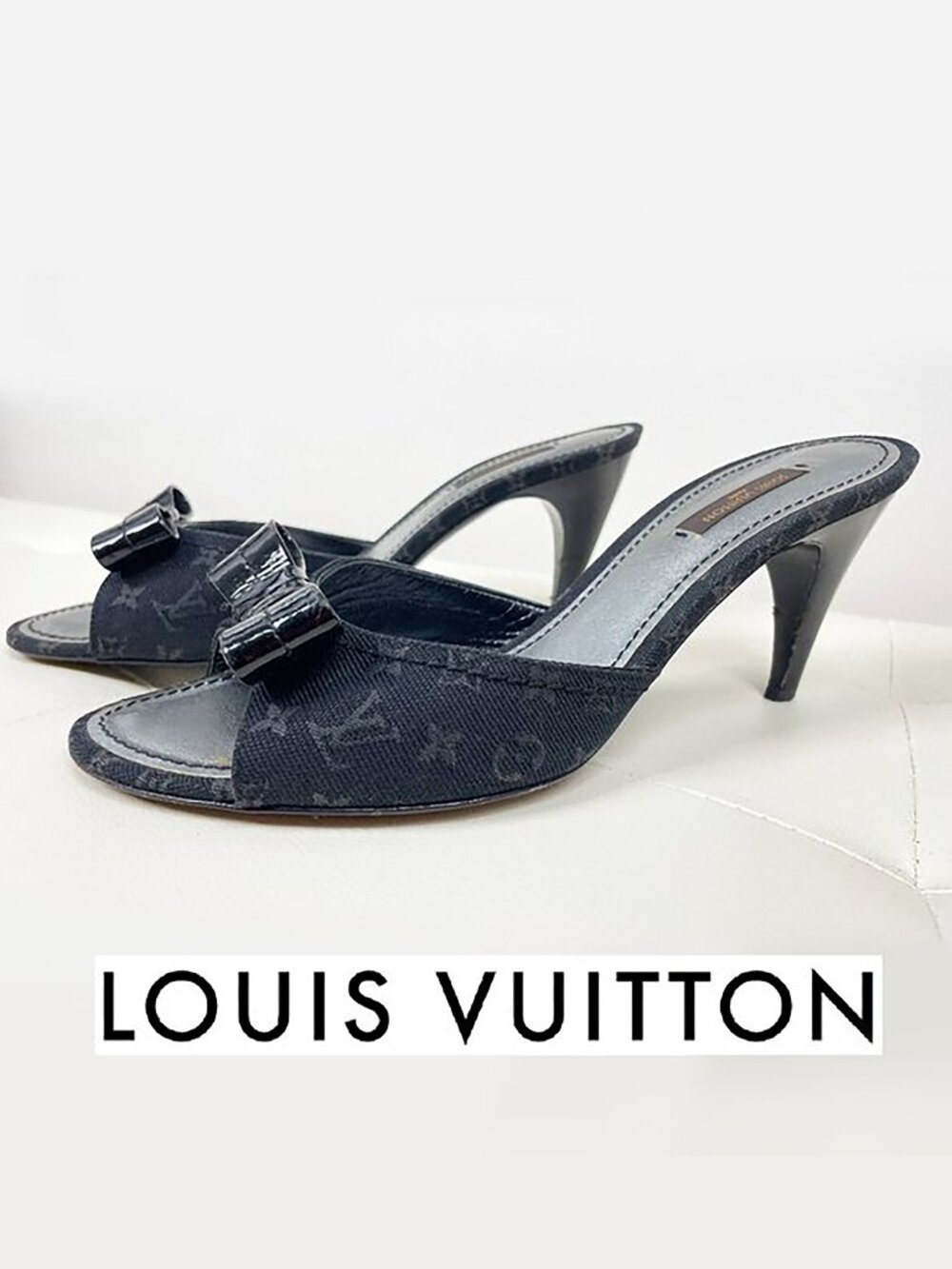 Louis Vuitton Monogram Denim Open Toe Mules | Black Patent Bow | Size 39 | EUC